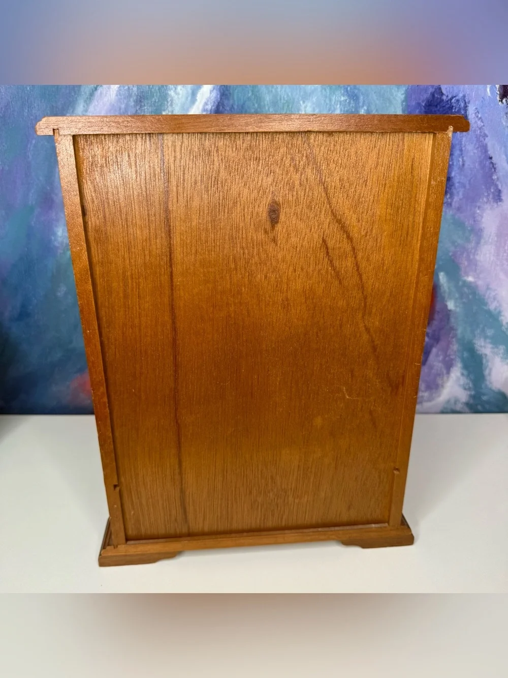 Vintage Wooden Jewelry Box Etched Floral Glass 1980s Armoire Chest Mirror Drawer